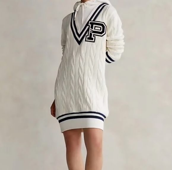 Ralph Lauren POLO  White Cable Knit Hoodie  Dress with Navy Accents XXL - Picture 2 of 7